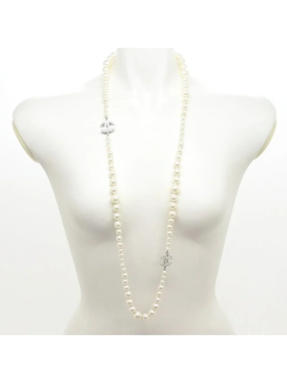 Chanel Necklace Silver Ivory Long CC Logo